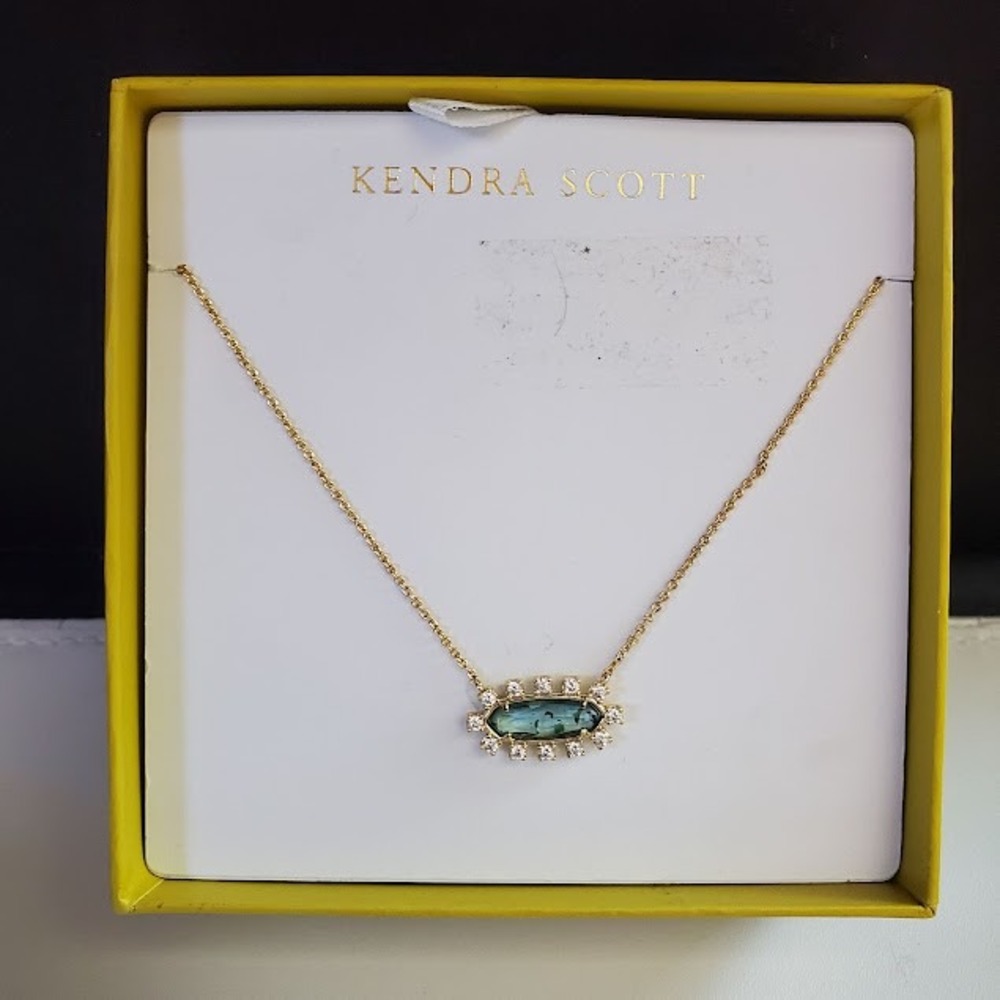 Kendra Scott Eva Framed Short Necklace Gold Plate Teal Stone Clear Crystals Gift